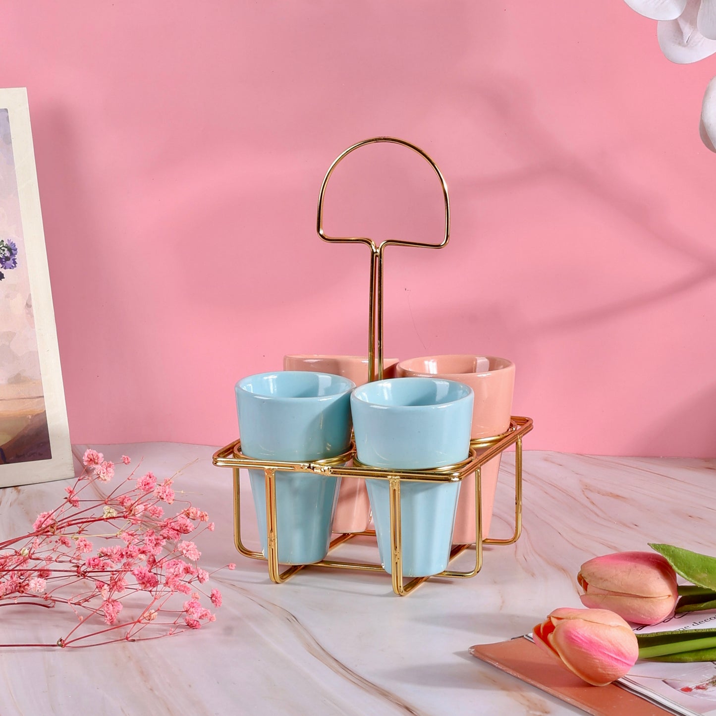 4 Chai Glasses with Golden Stand Set - Baby Pink and Blue