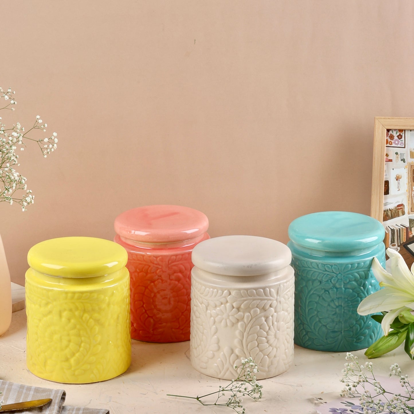 Embossed Ceramic Jars Set - Blue, Red, White & Yellow
