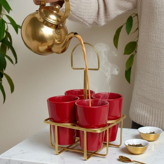 4 Red Chai Glasses with Golden Stand Set