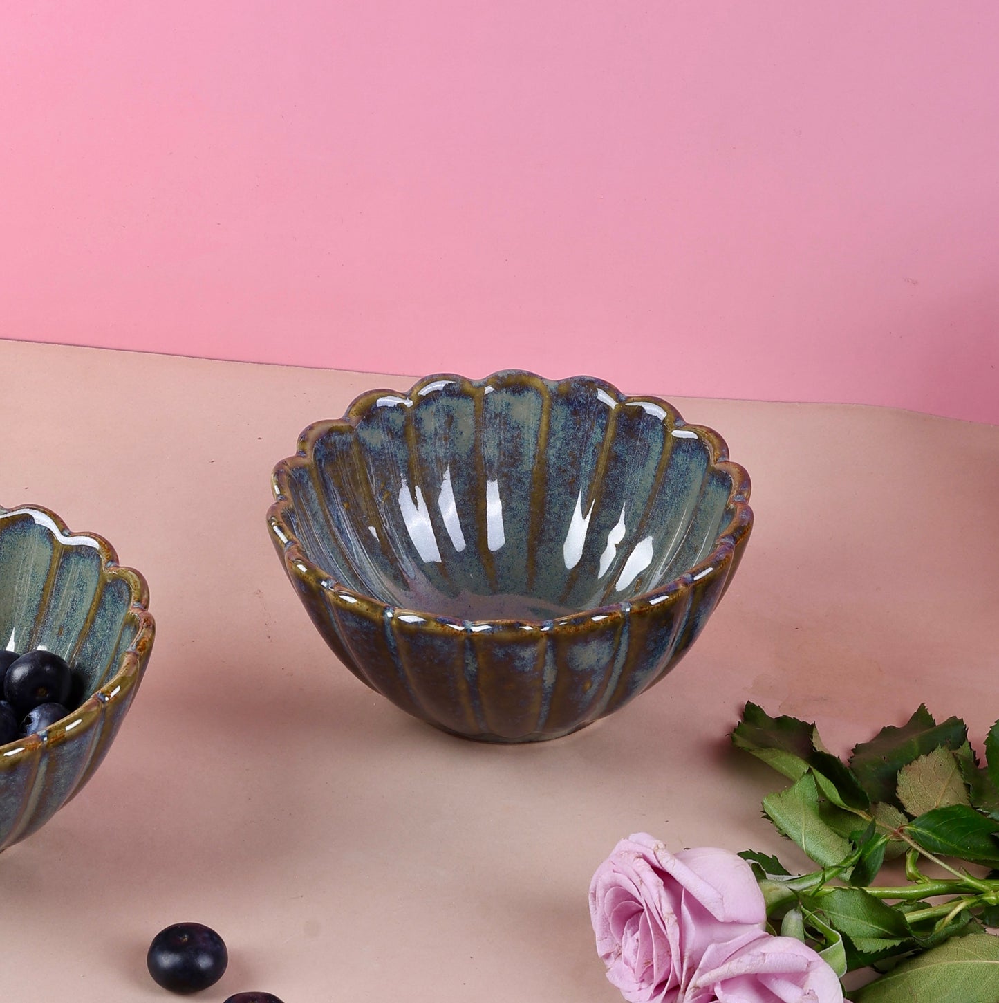 Scalloped Flower Bowls - Beige, Blue, Olive Grey, Green