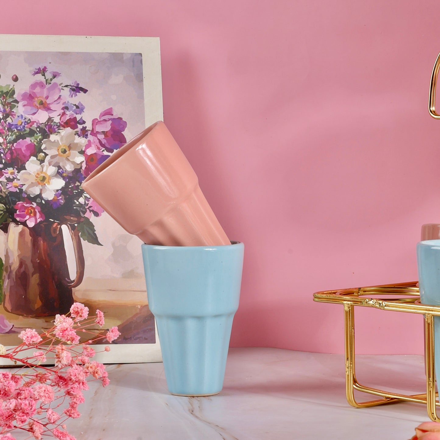4 Chai Glasses with Golden Stand Set - Baby Pink and Blue