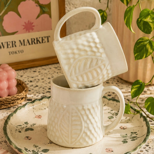 White Autumn Embossed Stoneware Mugs - pack of 2
