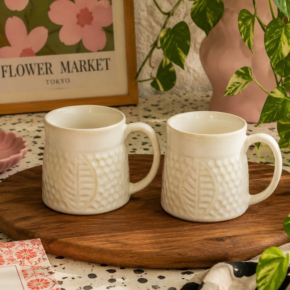 White Autumn Embossed Stoneware Mugs - pack of 2