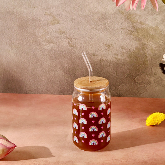 Rainbow Hearts Ophelia Glass Sipper - with UV DTF sticker