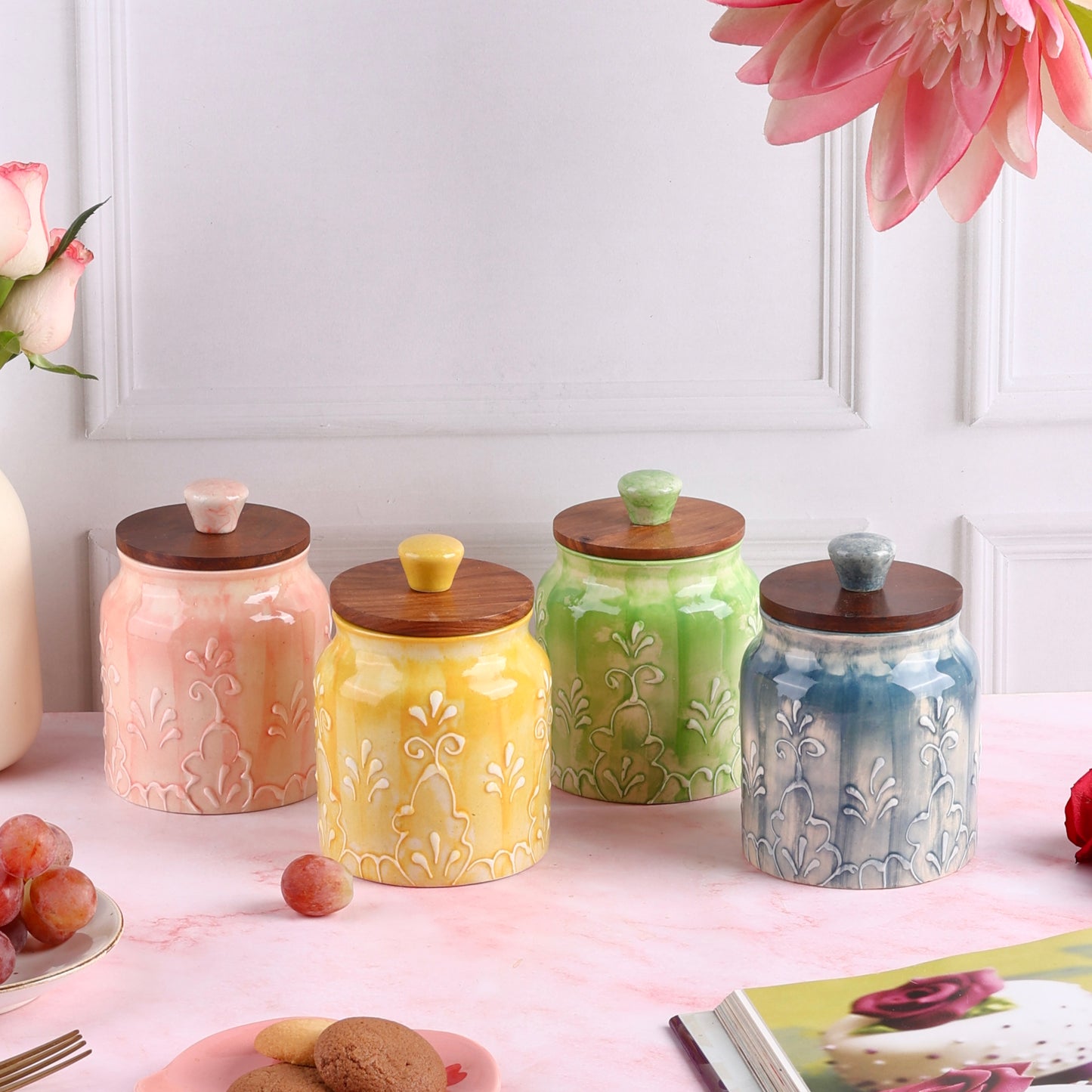 Embossed Grapevine Airtight Ceramic Jars