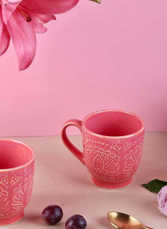 Studio Pottery Renee Embossed Mugs - Green or Pink Set of 2