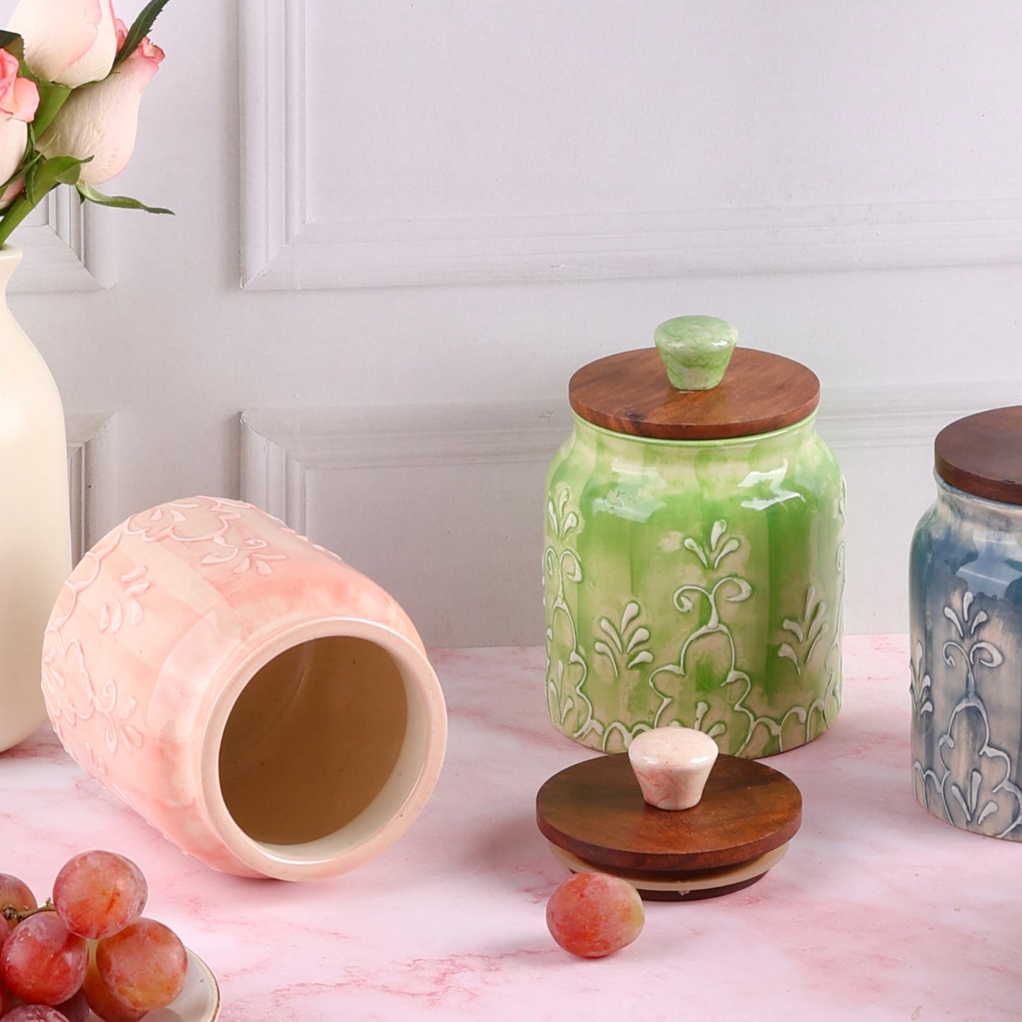 Embossed Grapevine Airtight Ceramic Jars