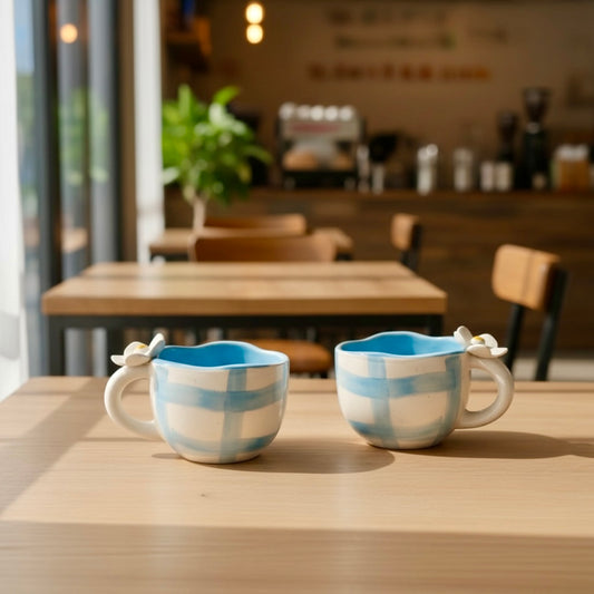 Pixie Blue 4D Plumeria Checkered Mugs - Set of 2