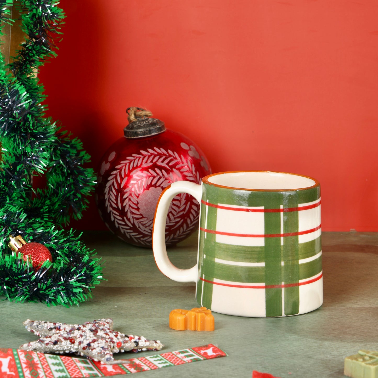 Christmas Checks Handpainted Mugs - Set of 2