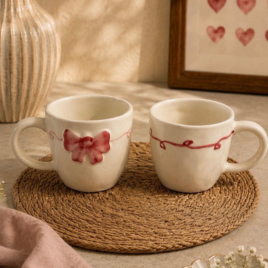 Trellis Pink Bow Mugs - Set of 2