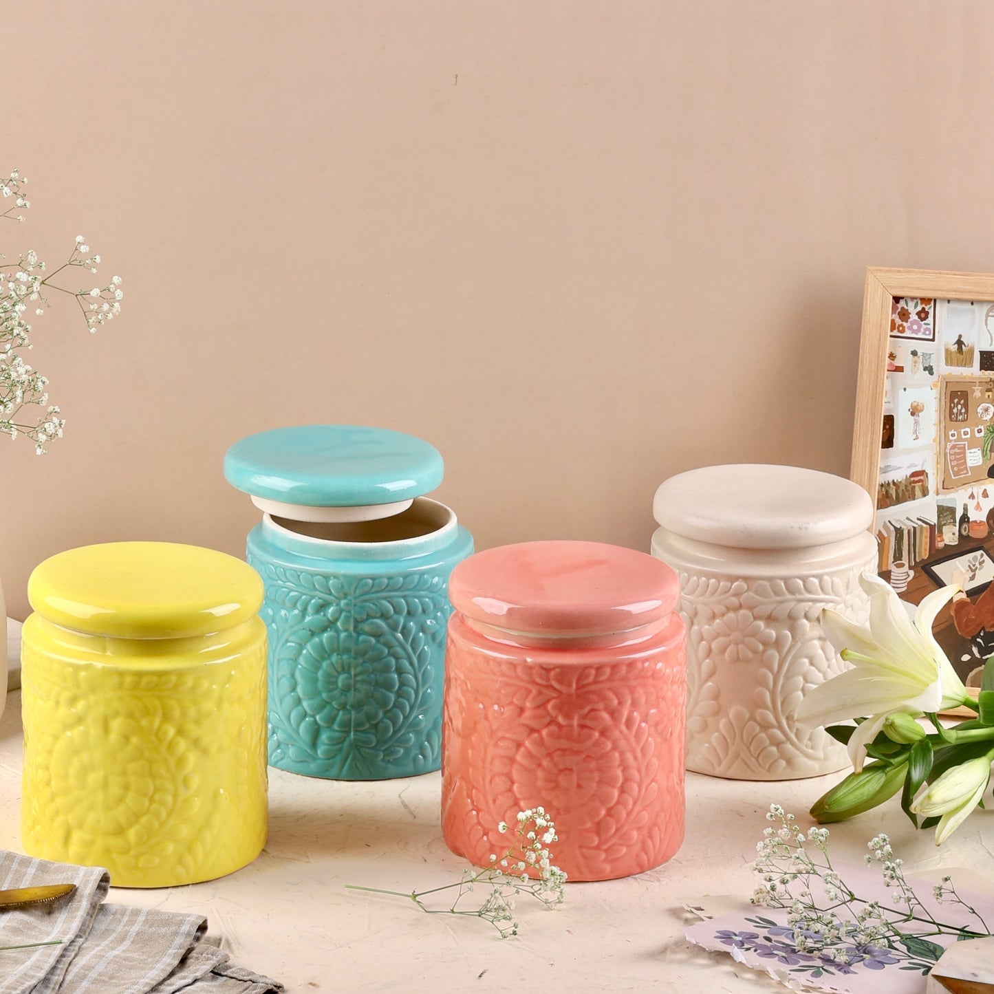 Embossed Ceramic Jars Set - Blue, Red, White & Yellow