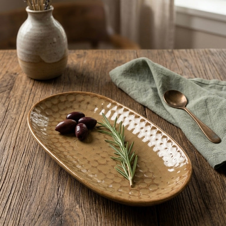 Beige Textured Rustic Oval Studio Pottery Platter