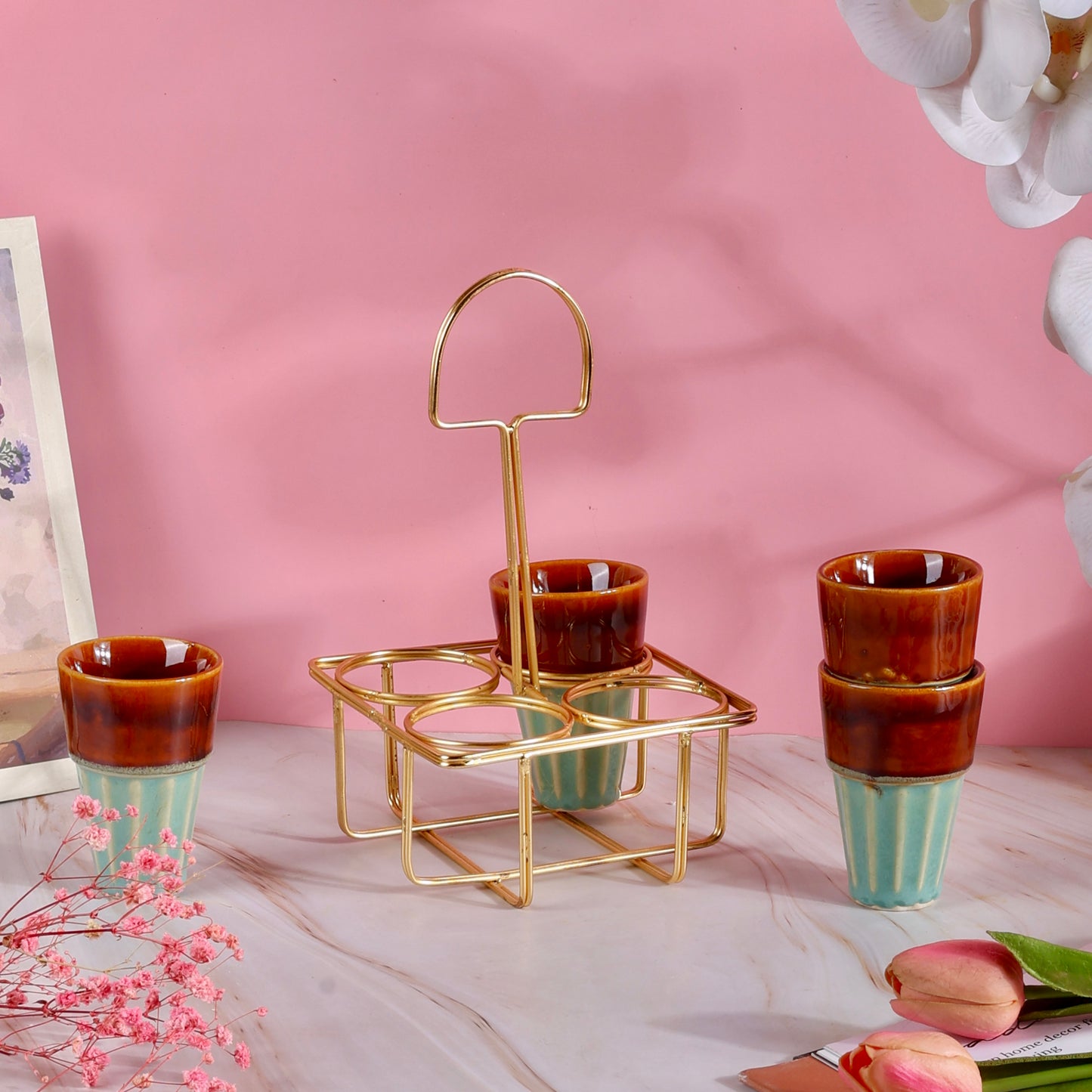 4 Chai Glasses with Golden Stand Set - Mint