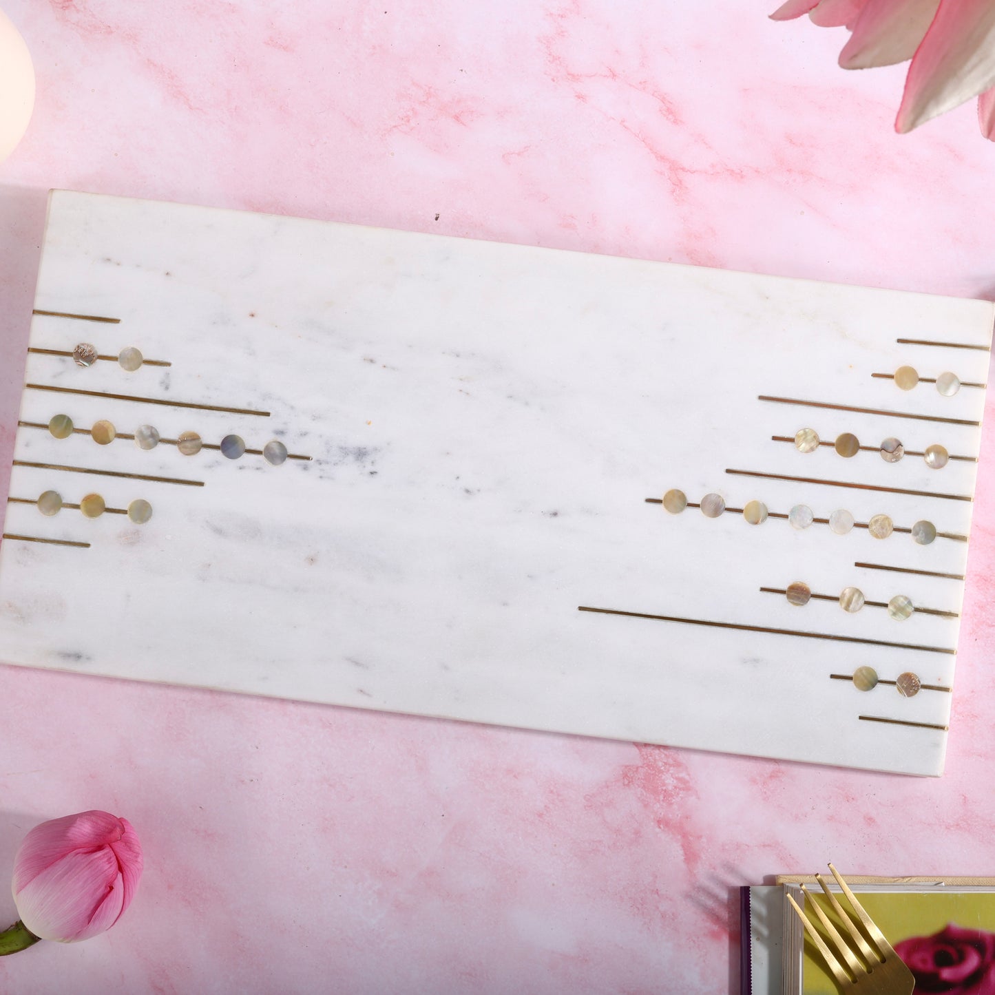 Exquisite Celeste Marble Platter with Mother of Pearl and Gold Inlay work - Handcrafted and Versatile