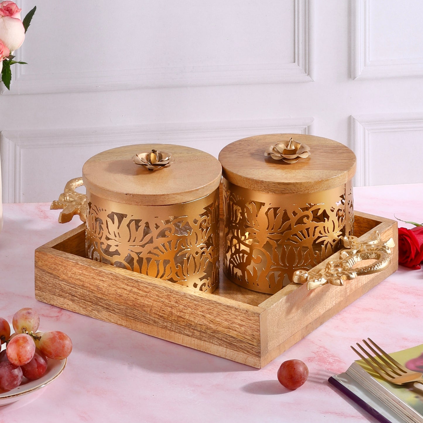Set of 2 Rose Filigree Golden Jars with wooden lid and Ornate Mango Wood Tray