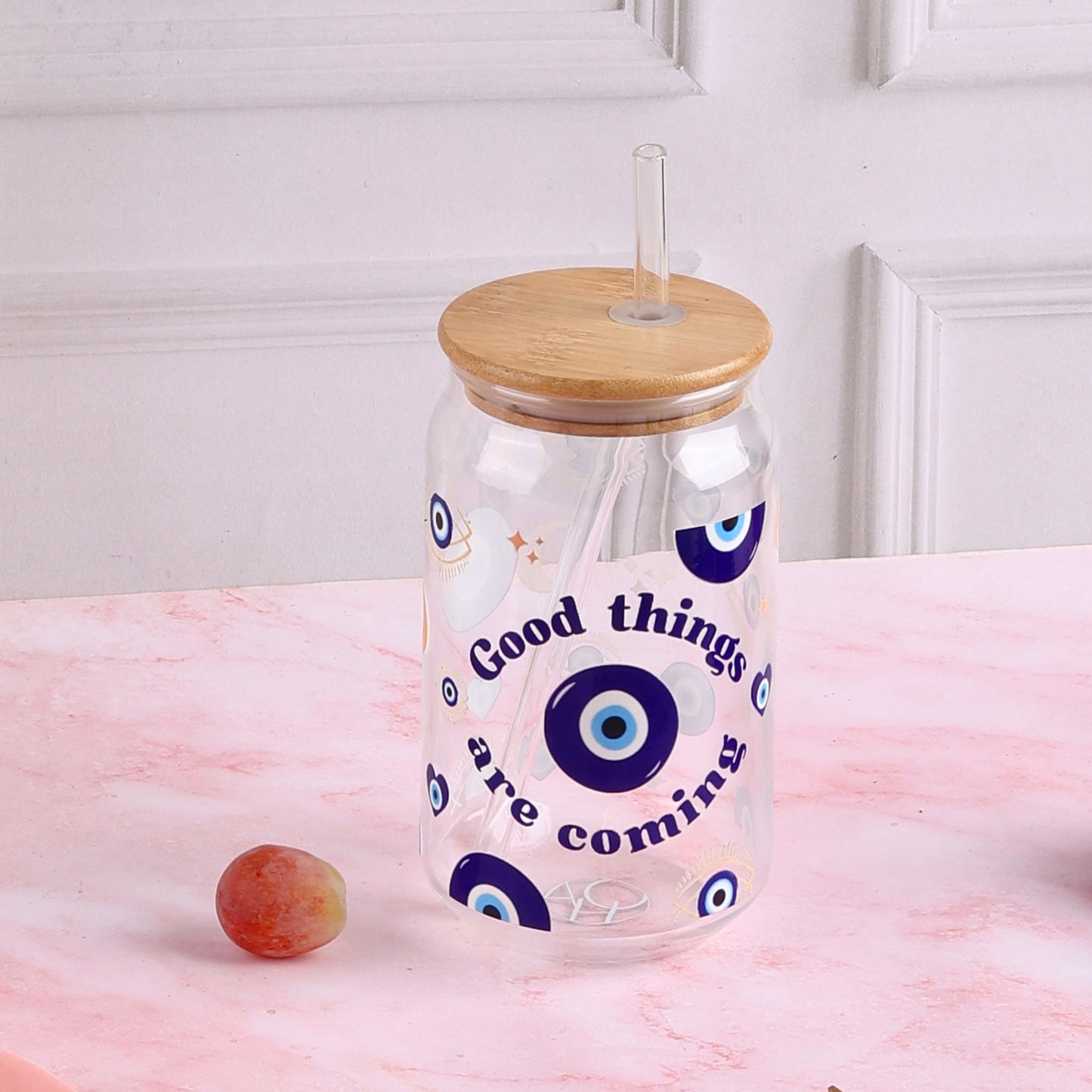 Good Things Are Coming Evil Eye Ophelia Glass Sipper - with UV DTF sticker
