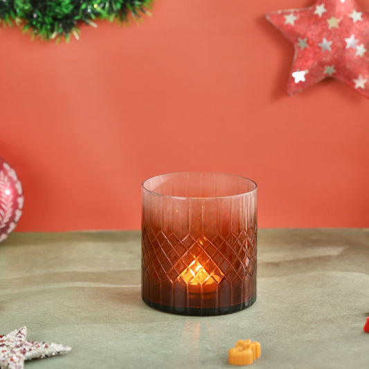 Crystal Cut Amber Glass Votive - T-light or candle holder