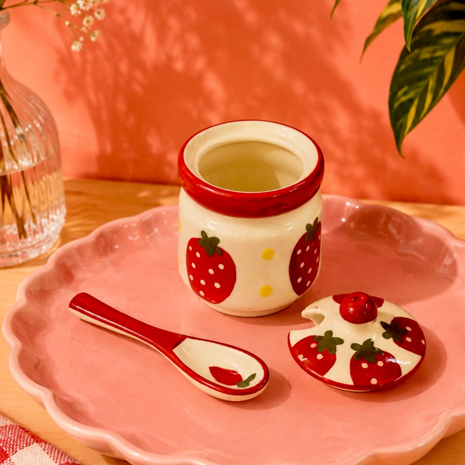 Strawberries and Daisies Jam or Pickle Jar with spoon - not airtight