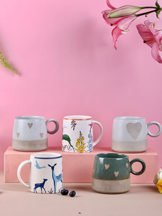 Deer and Heart Mugs Set of 5