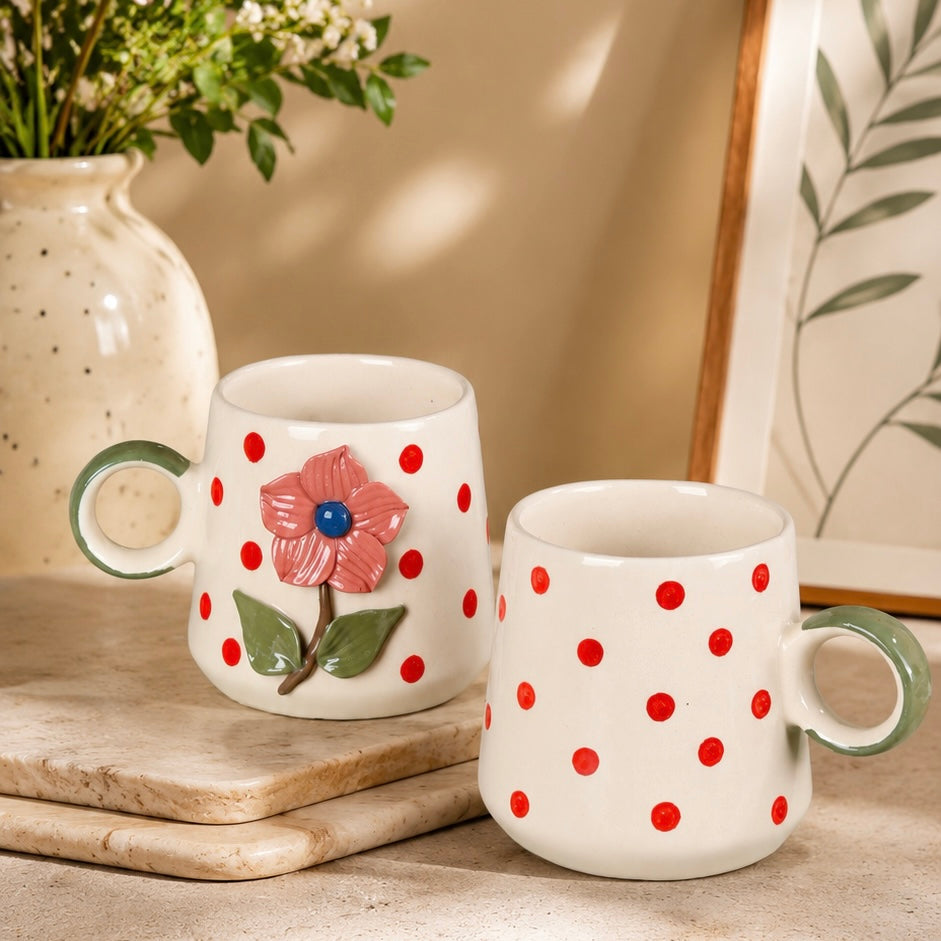 Camellia Polka Flower Mug - Set of 2