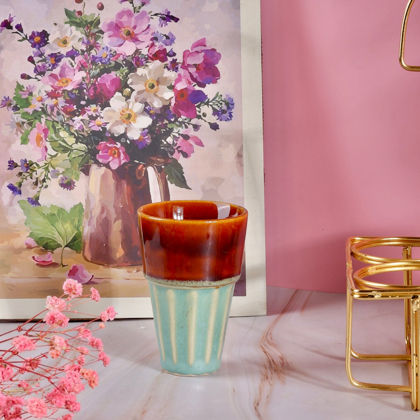 4 Chai Glasses with Golden Stand Set - Mint