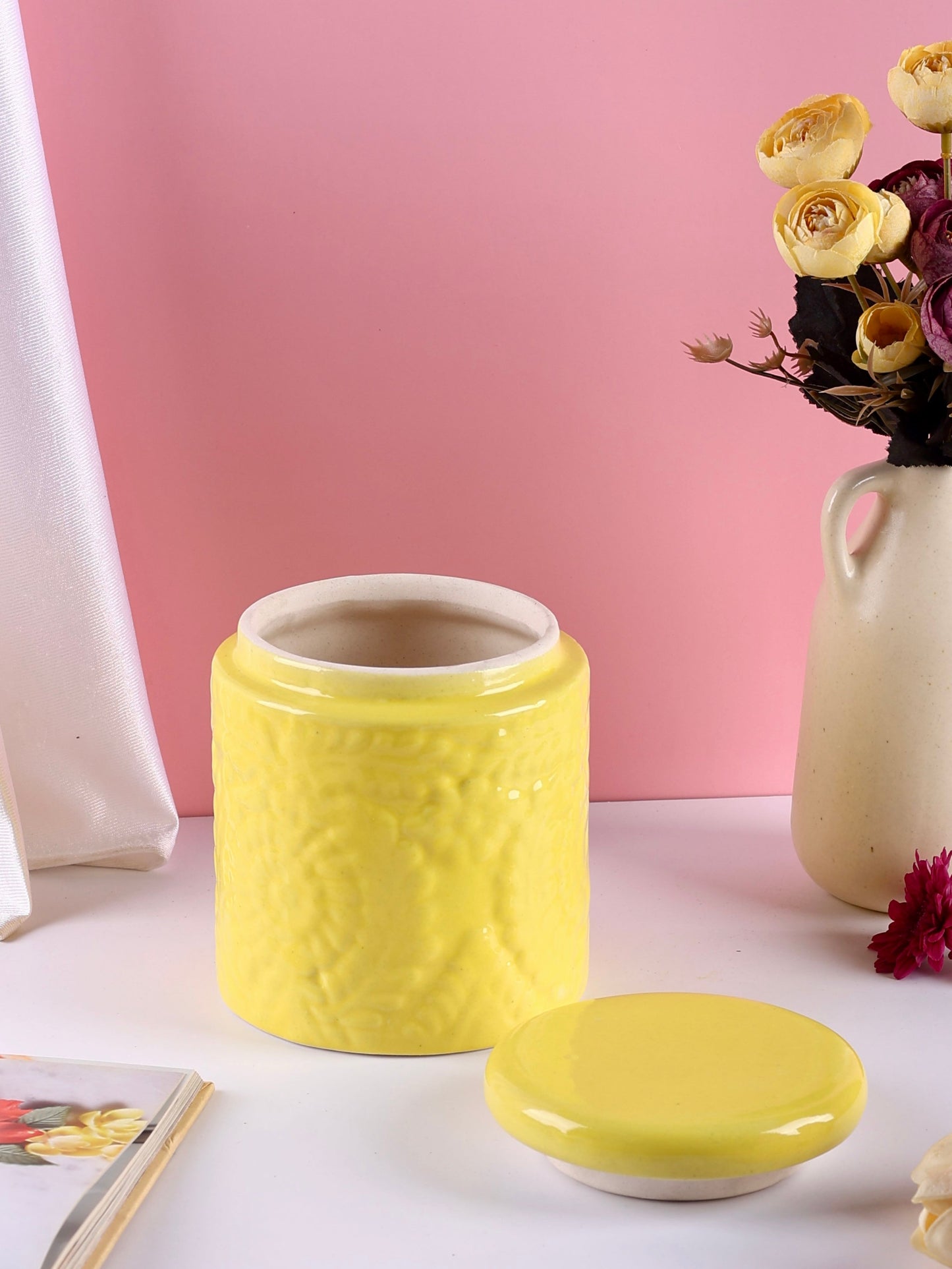 Embossed Ceramic Jars Set - Blue, Red, White & Yellow