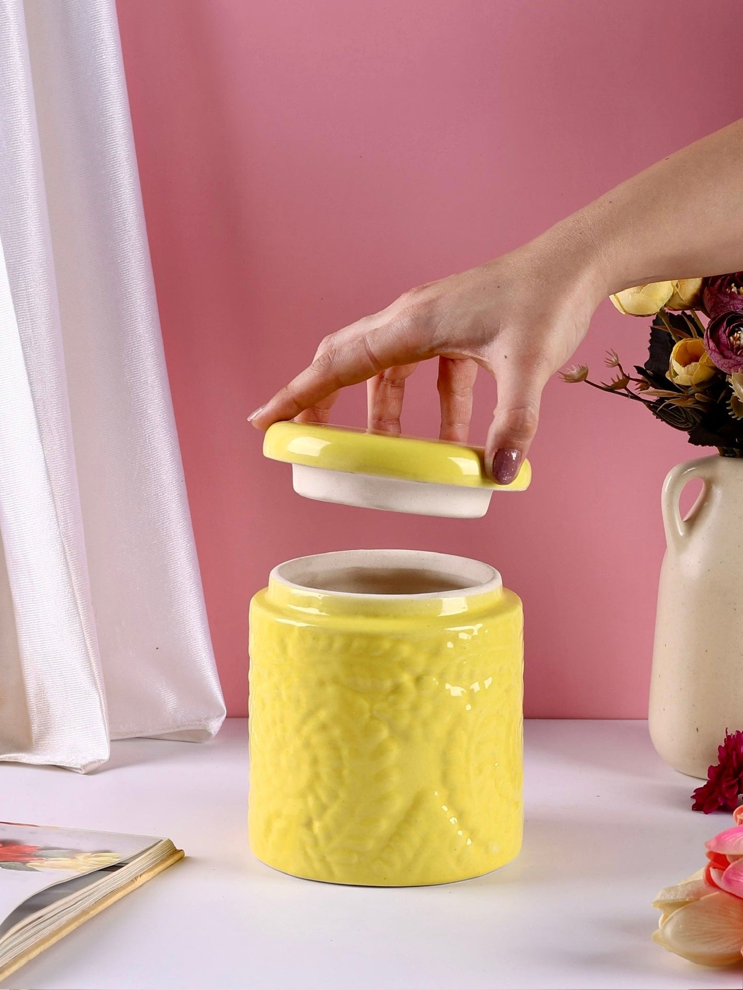 Embossed Ceramic Jars Set - Blue, Red, White & Yellow