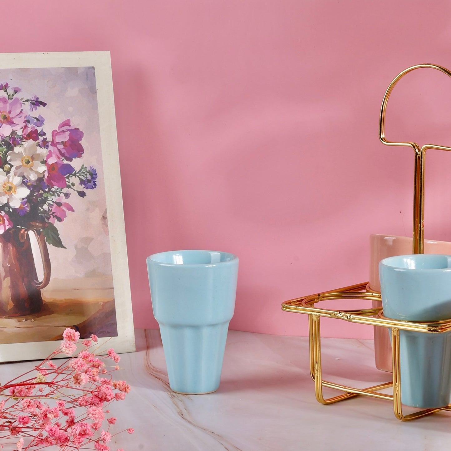 4 Chai Glasses with Golden Stand Set - Baby Pink and Blue