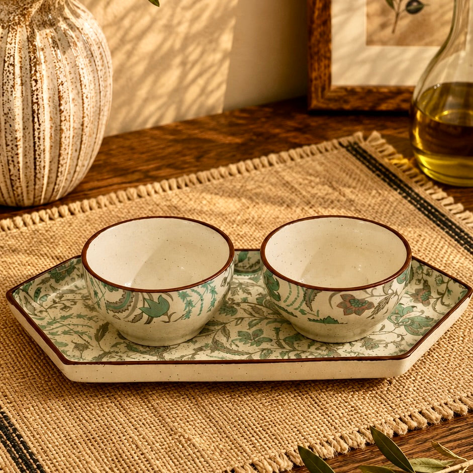 Muted Pastel Phool Bagh Printed Hexagon Platter Snack Set