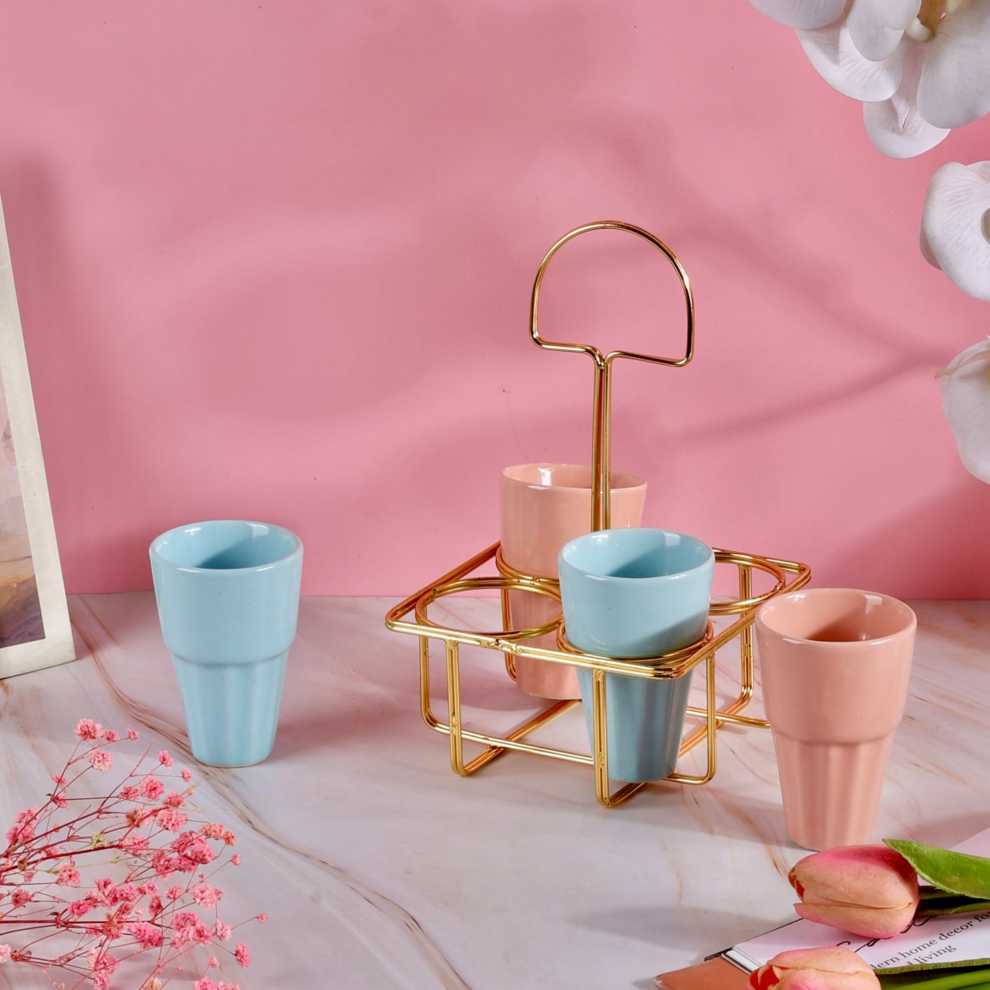 4 Chai Glasses with Golden Stand Set - Baby Pink and Blue