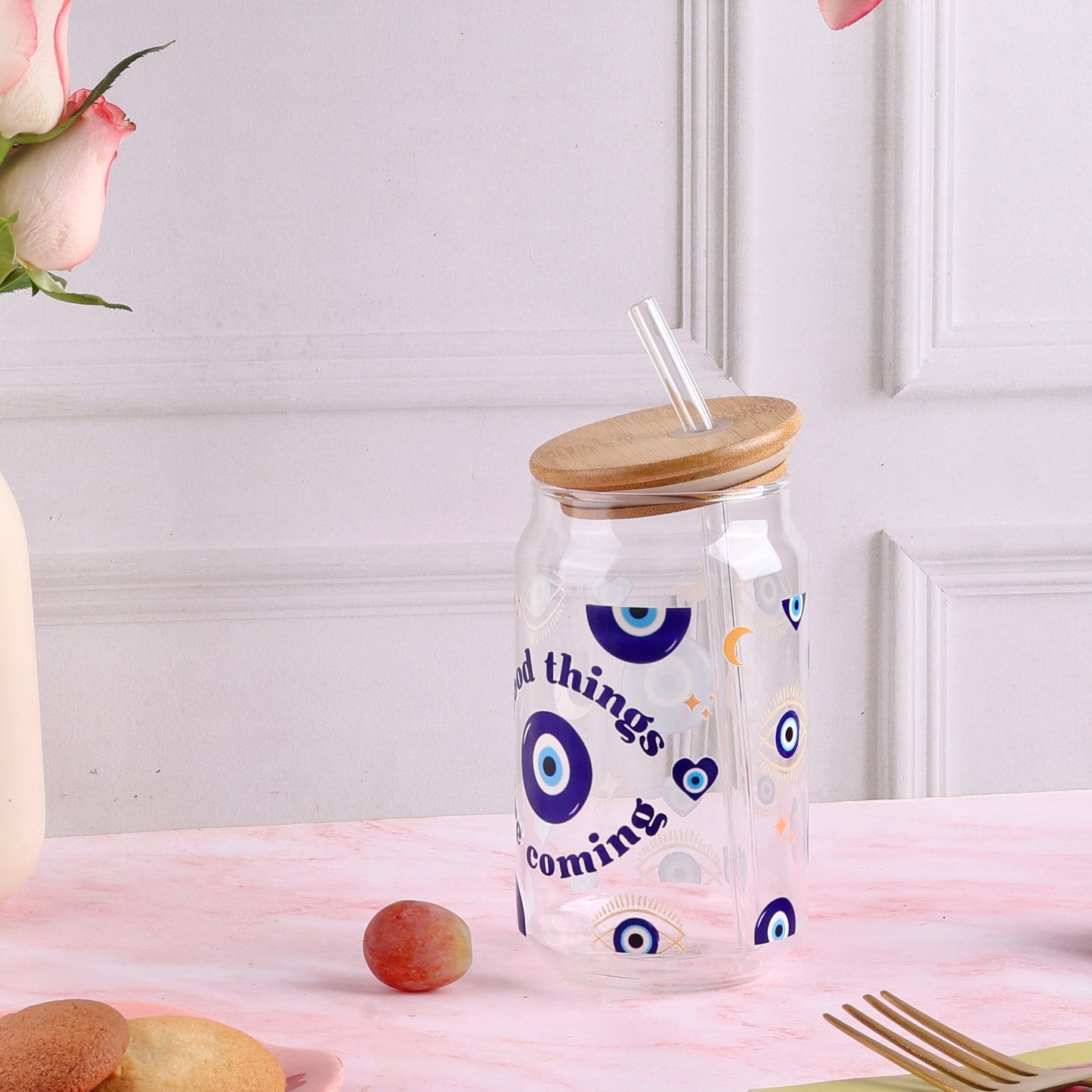 Good Things Are Coming Evil Eye Ophelia Glass Sipper - with UV DTF sticker
