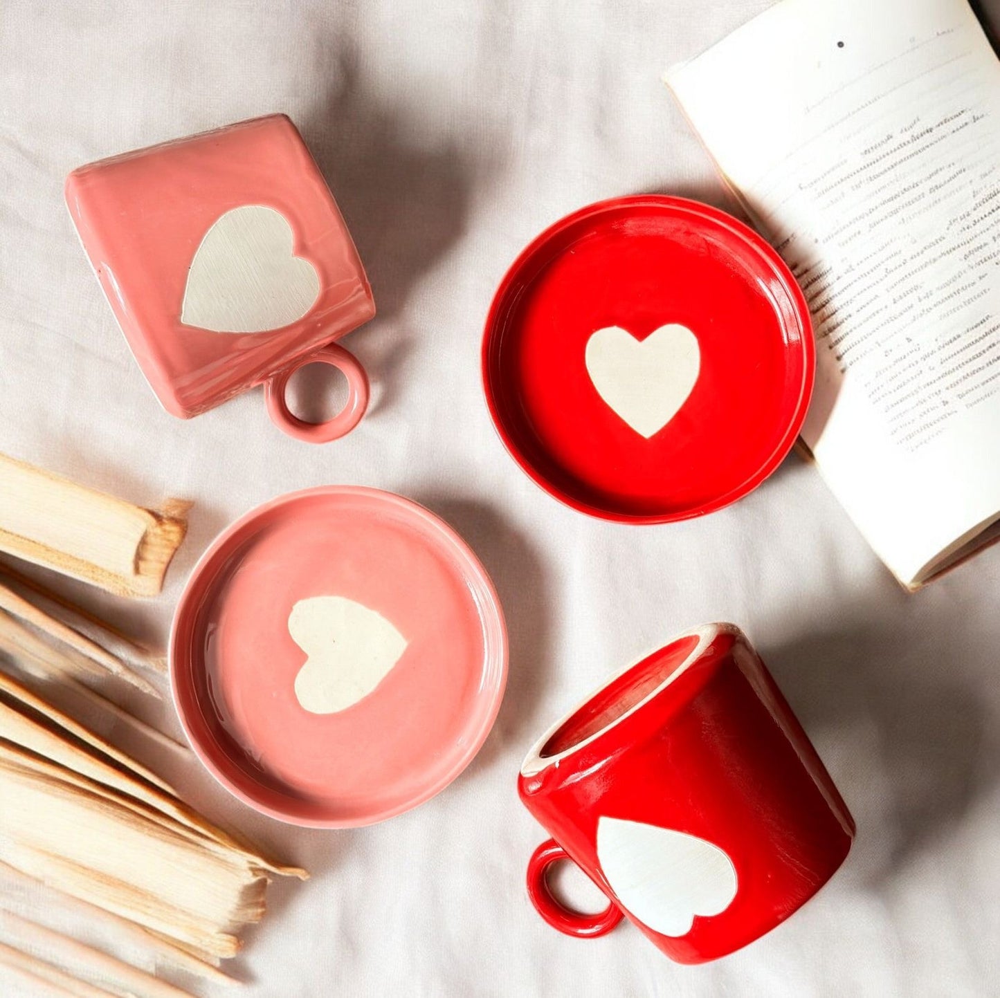 Eternal Heart Duo Mug and Snack Plate - Pink and Red