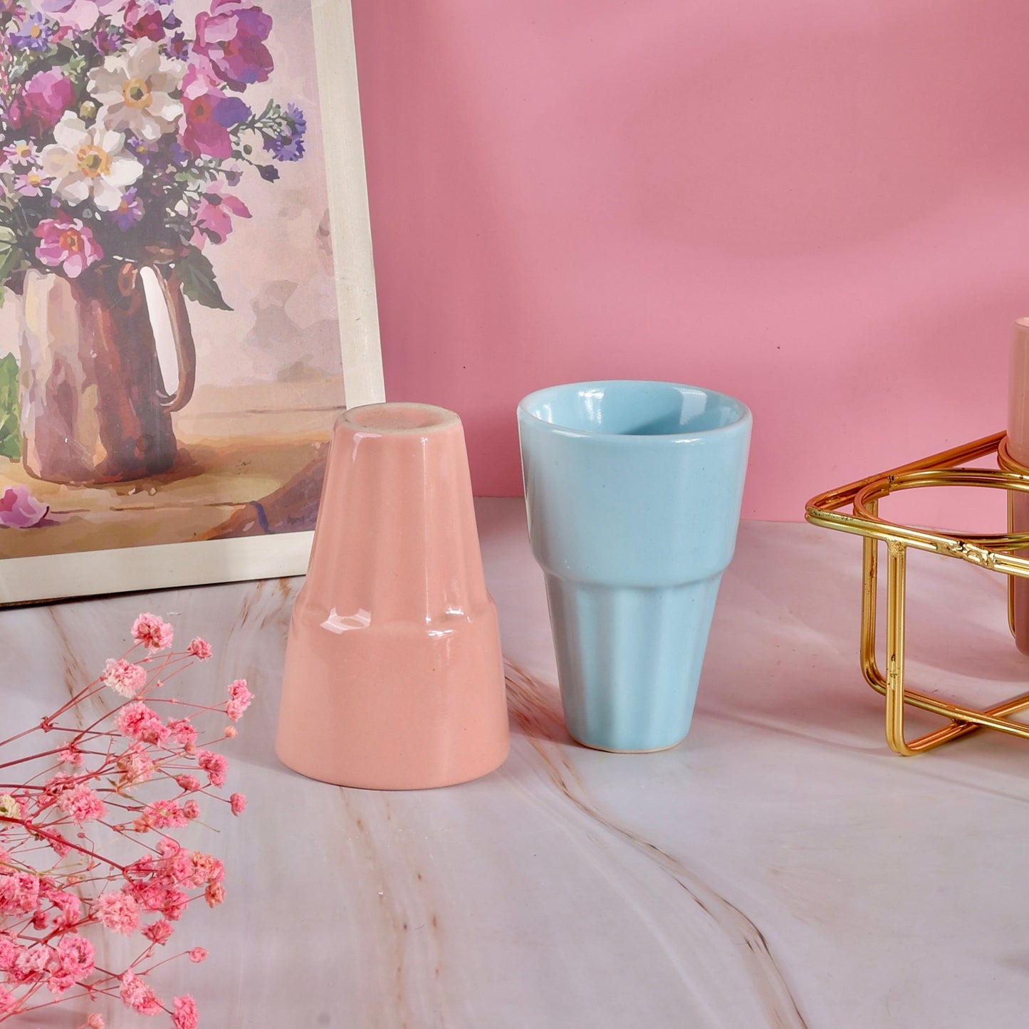 4 Chai Glasses with Golden Stand Set - Baby Pink and Blue