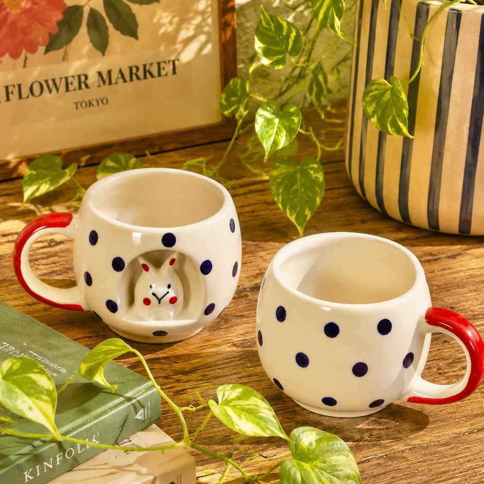 Pixie 4D Blue and Red Bunny Polka Mugs - Set of 2