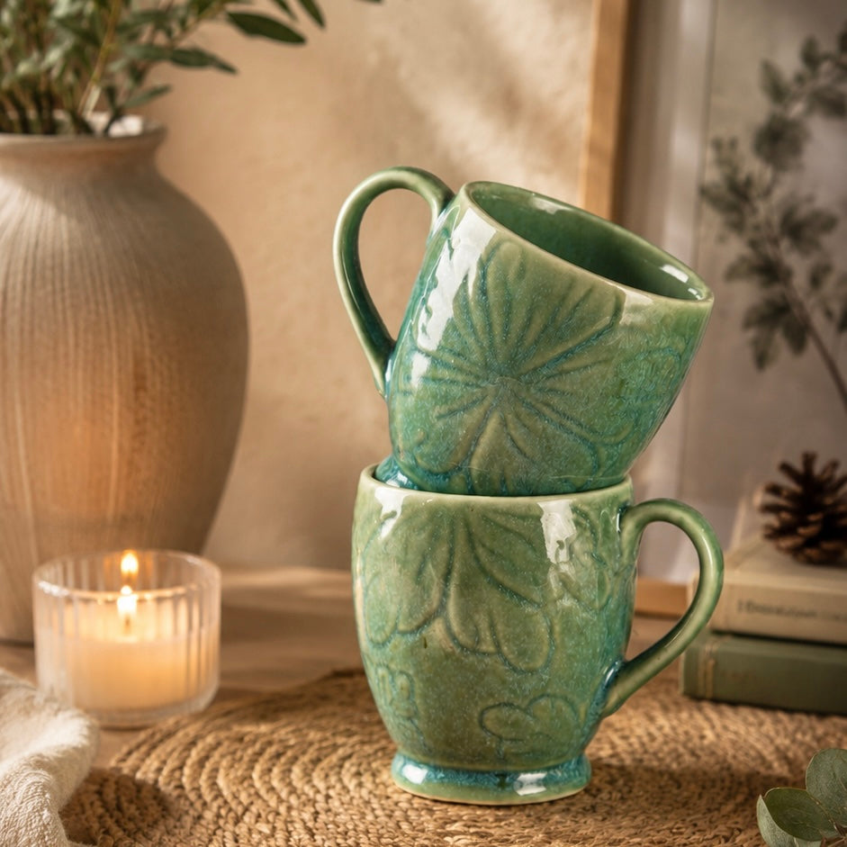 Shaded Green Embossed Mug - Set of 2