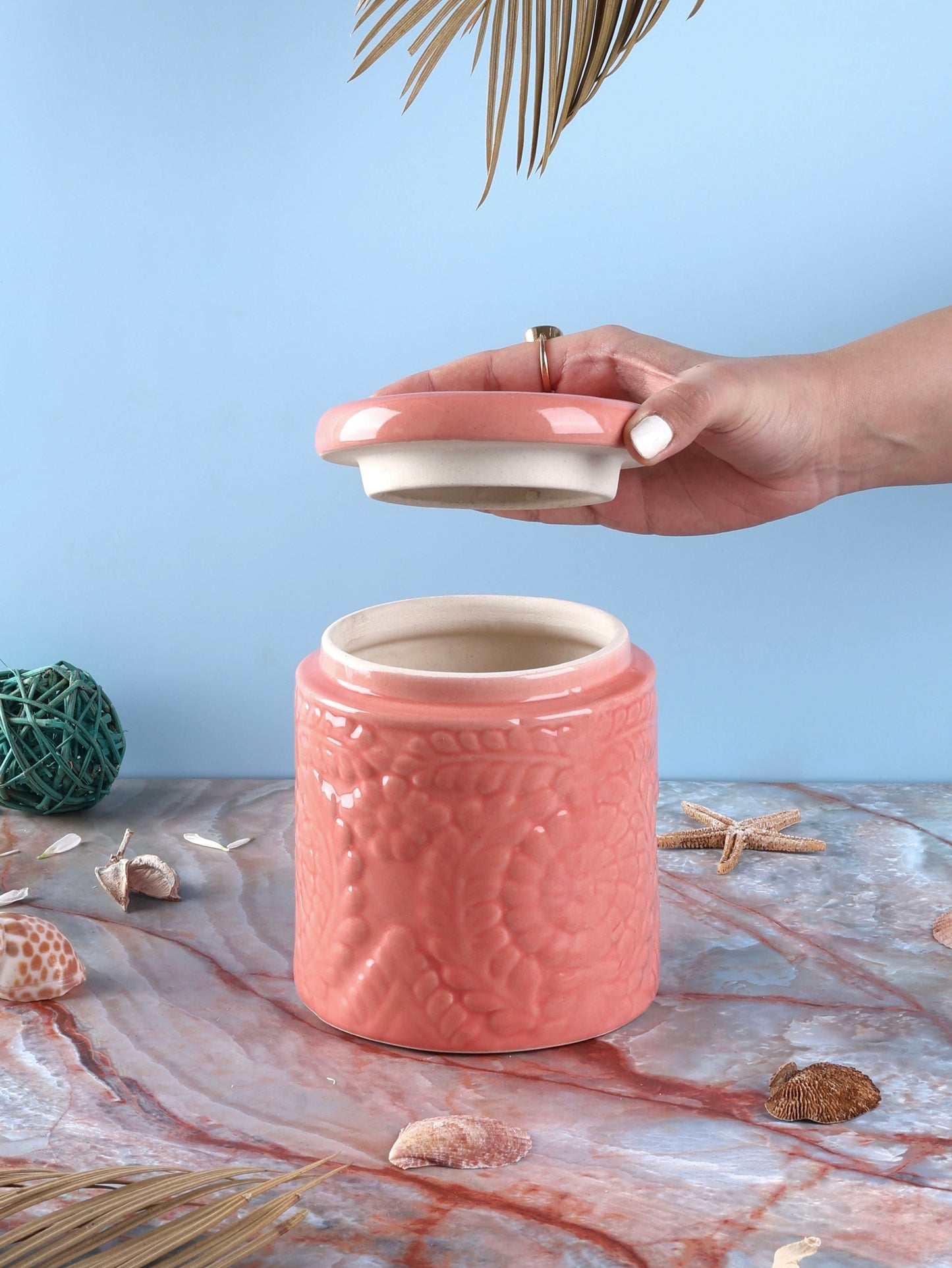 Embossed Ceramic Jars Set - Blue, Red, White & Yellow