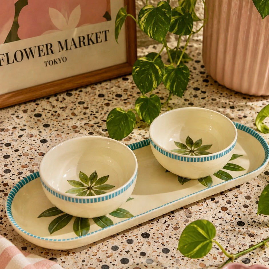 Willow Crest Printed Oval Platter Snack Set with 2 Bowl