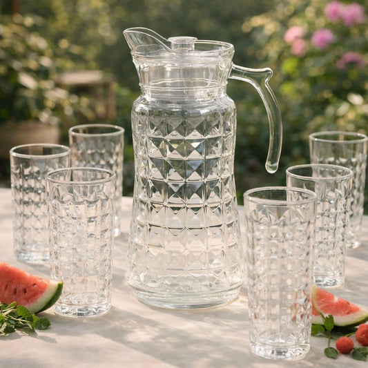 Prism Pour Jug with lid and Set of 6 tall glasses for Juice and Coolers