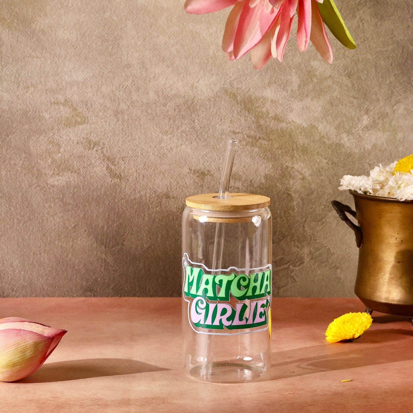 Matcha Girlie Ophelia Glass Sipper - with UV DTF sticker