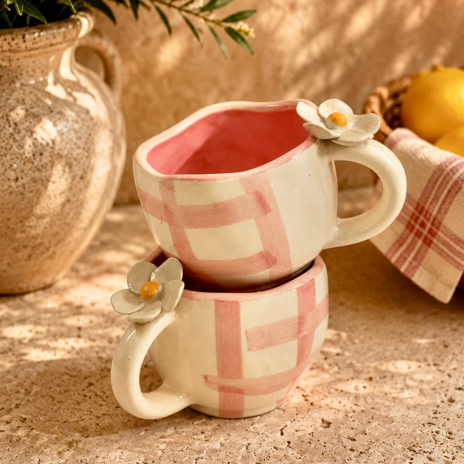 Pixie Pink 4D Plumeria Checkered Mugs - Set of 2