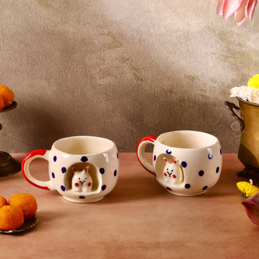Pixie 4D Blue and Red Bunny Polka Mugs - Set of 2