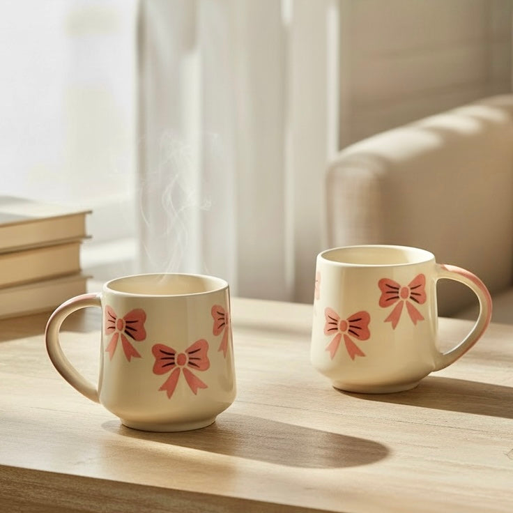 Pink Handpainted Bow Mug - Set of 2