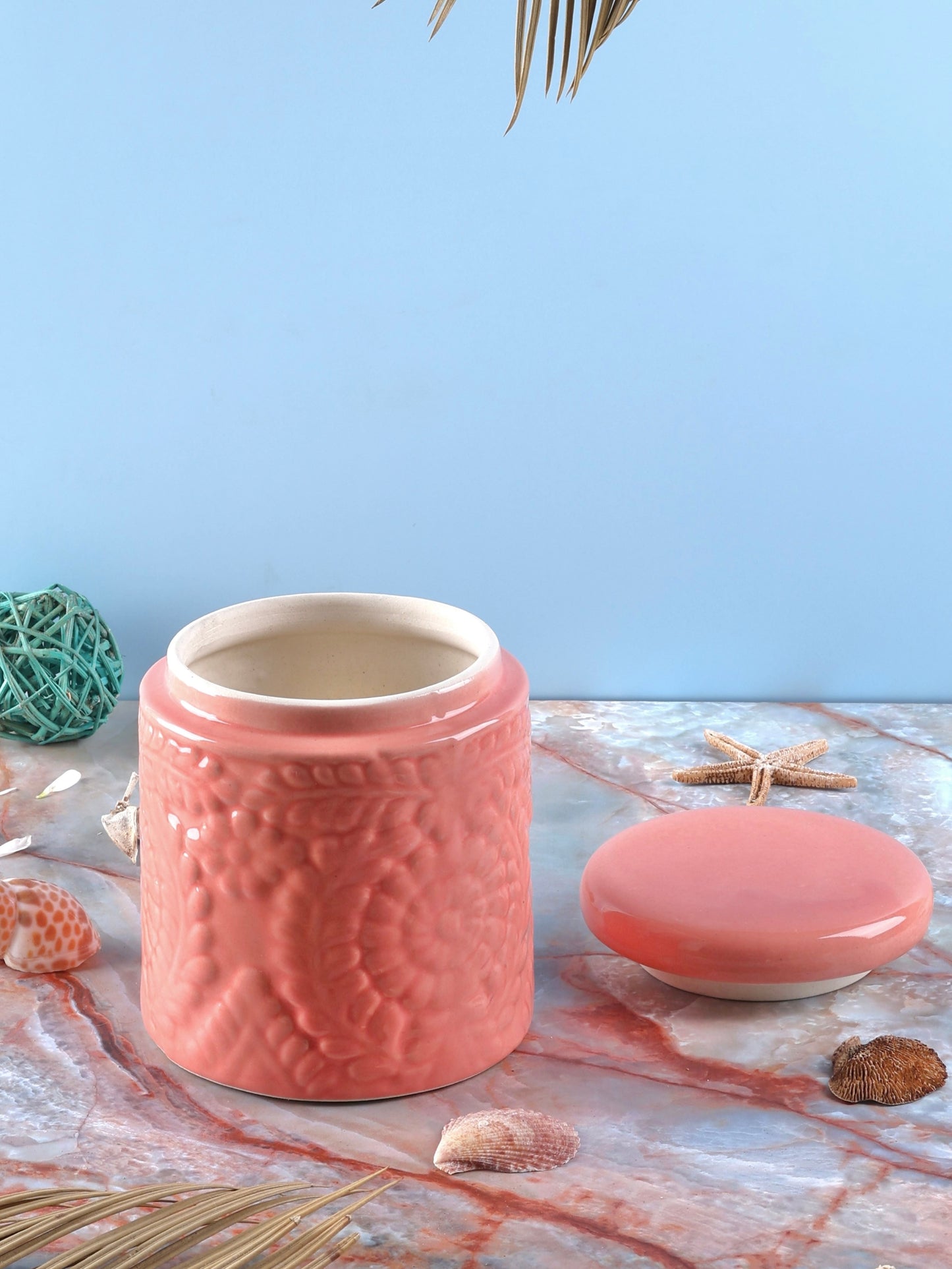 Embossed Ceramic Jars Set - Blue, Red, White & Yellow
