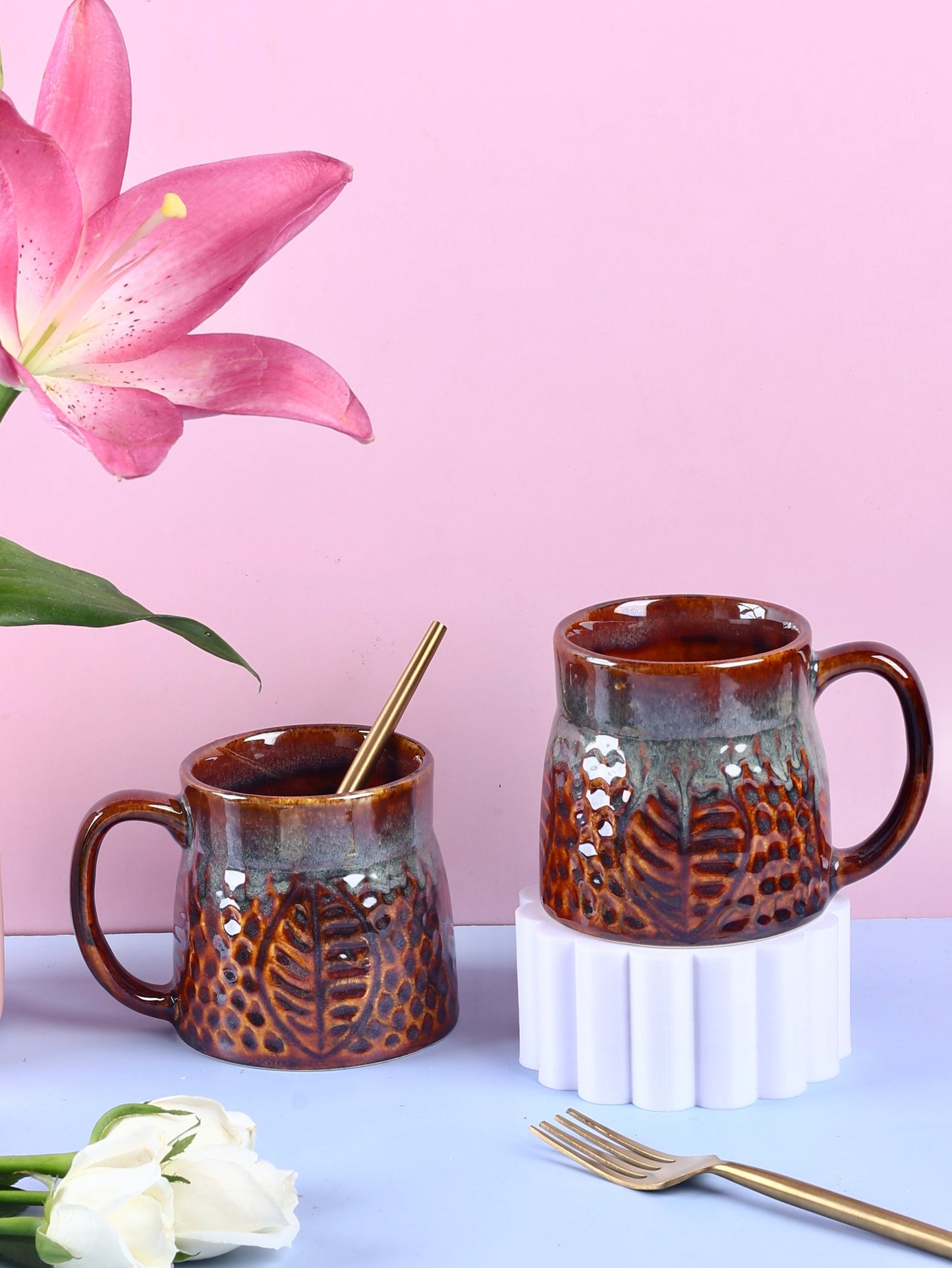 Autumn Embossed Stoneware Mugs - Fall Colors pack of 2