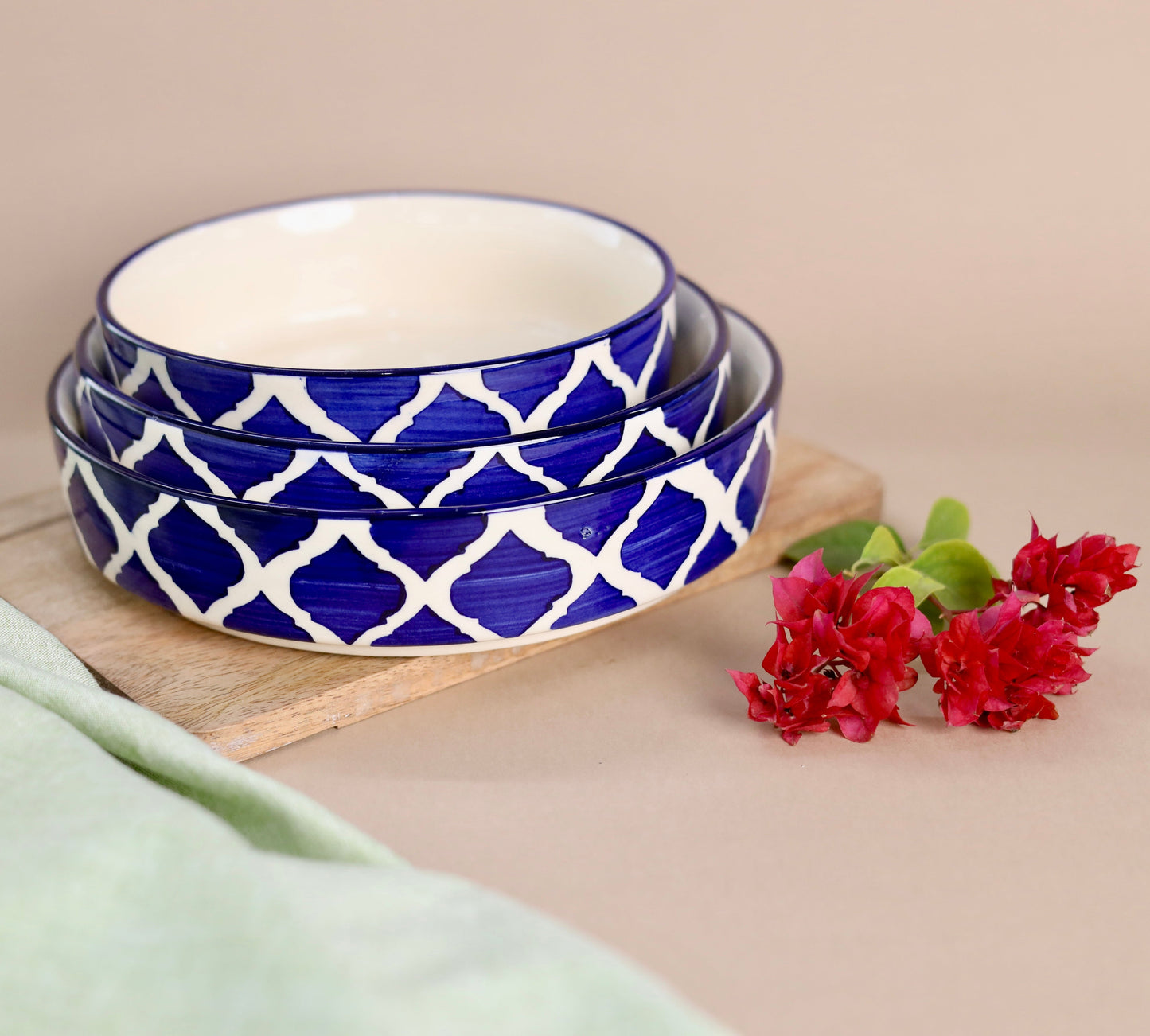 Blue Moroccan Flat Bowl Set - 3 Piece Kitchen Essentials