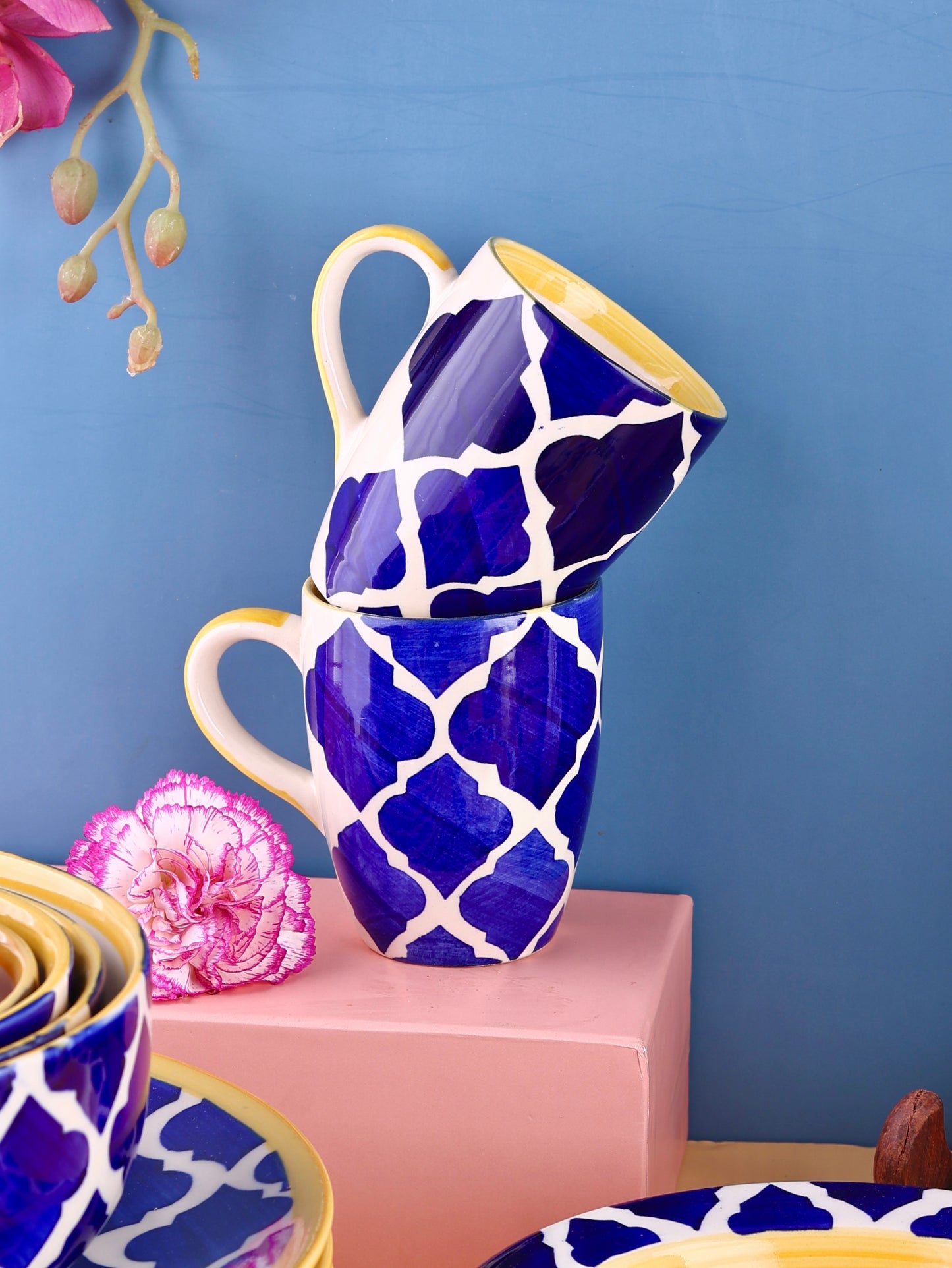 Blue and Yellow Moroccan Mugs - Pack of 2