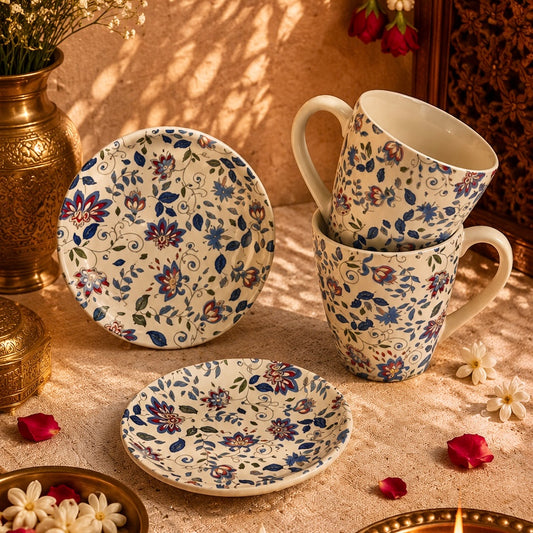 Vrindavan Mugs and Tea Plates Set - Pack of 4