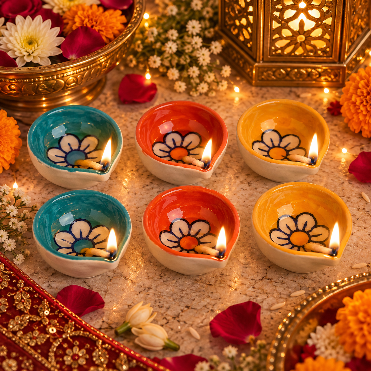 Handpainted Ceramic Diya - Pack of 6