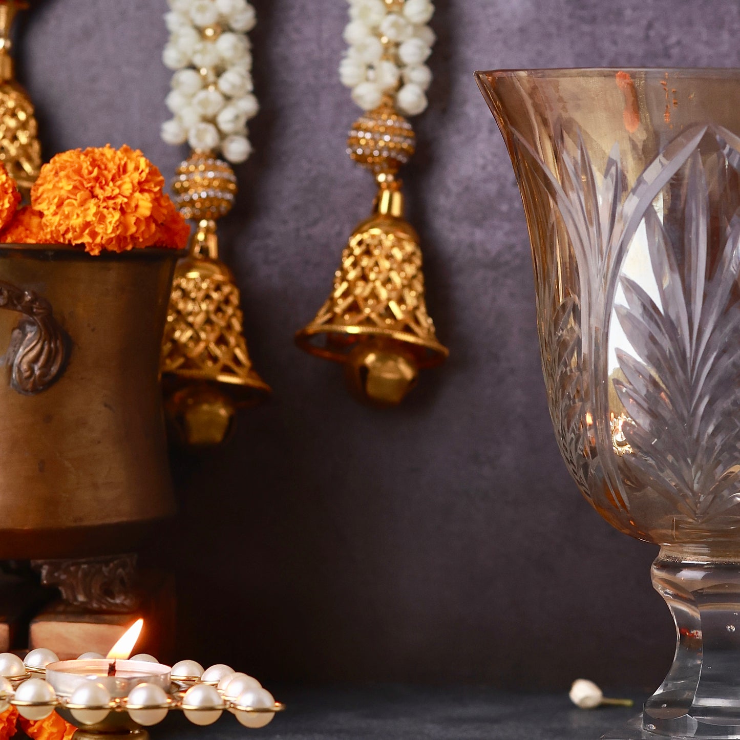 Crystal Cut Amber Glass Hurricane or Vase