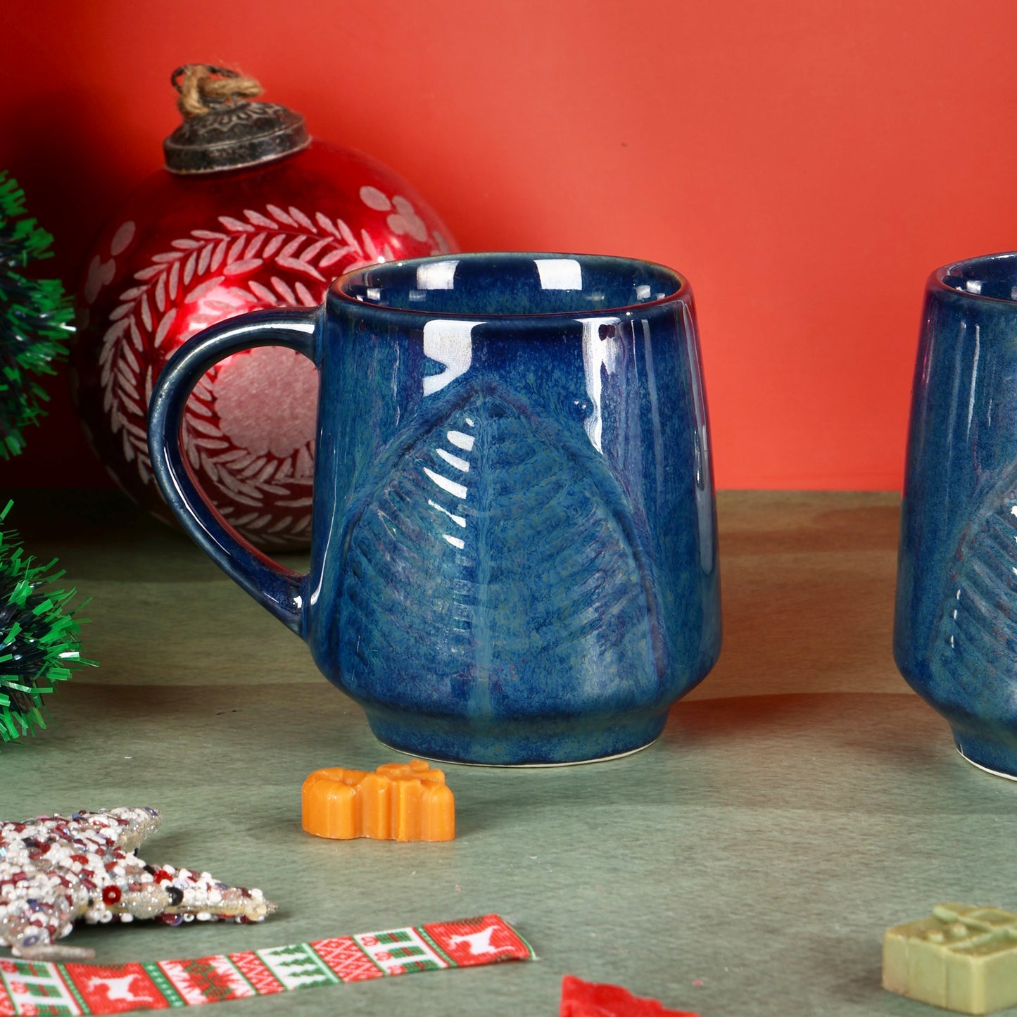 Blue Leaf Mug - Set of 2